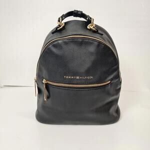 Tommy Hilfiger Black Pebbled Faux Leather Dome Backpack Gold Hardware